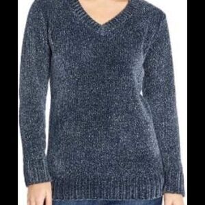 Orvis Sweater Marled Blue Gray Longer Length Chenille V-Neck Pullover Size Large